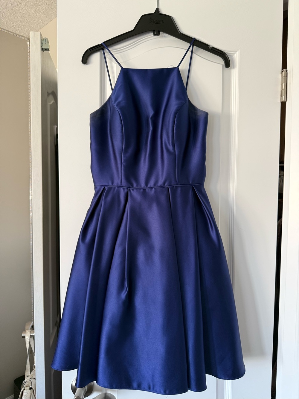 Betsy & Adam Navy Blue Satin Fit-and-Flare Mini Dress with Spaghetti Straps